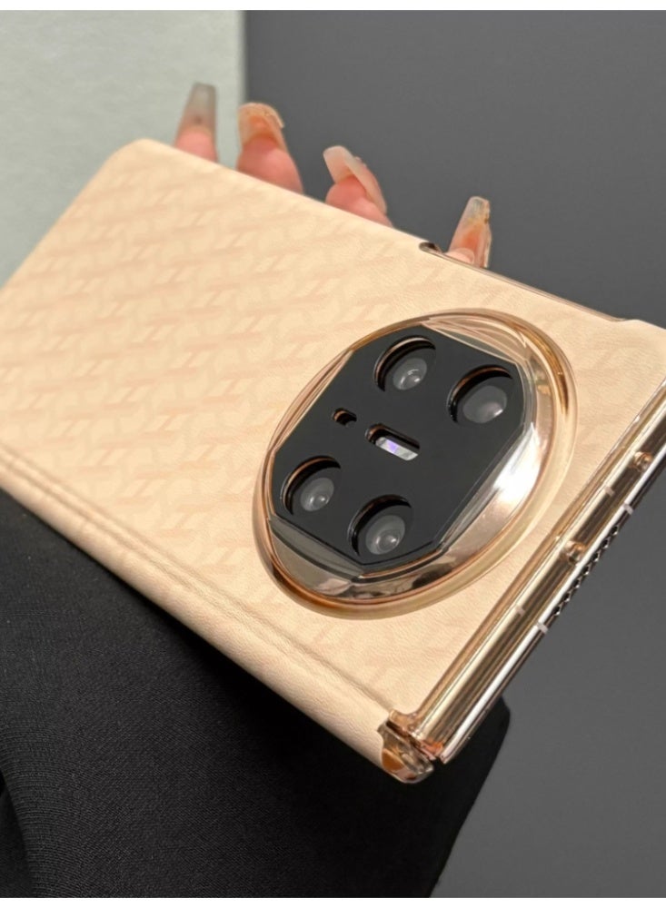The Phone Case Is Suitable For Huawei MateX3 Foldable Screen, Plain Leather Double-Sided Central Axis Protective Case, Anti-Drop All-Inclusive Transparent Frame, Golden - Image 4